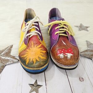 Vintage Handpainted Chukka Leather Shoes Mushrooms Sun Celestial Mismatched
